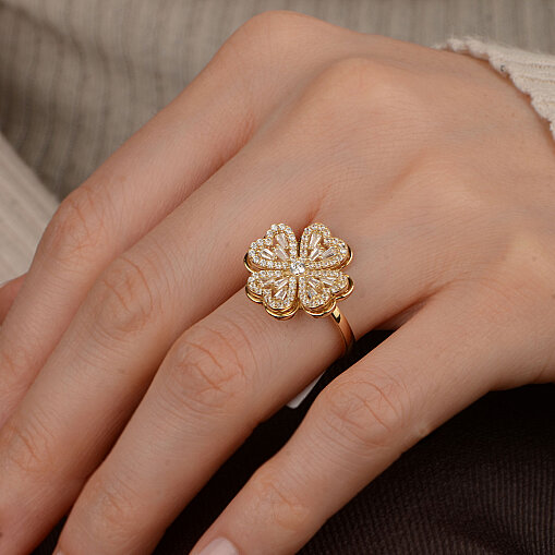 14 Ayar Zirkon Yonca Yüzük (Dönen Çiçek, Sarı) - 2