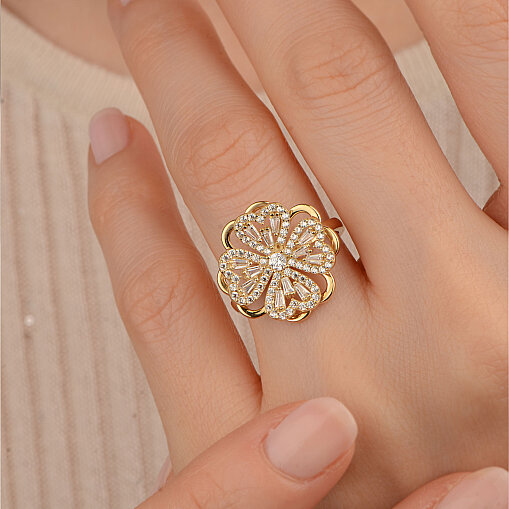 14 Ayar Zirkon Yonca Yüzük (Dönen Çiçek, Sarı) - 3
