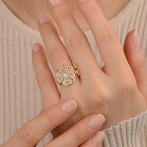 14 Ayar Zirkon Yonca Yüzük (Dönen Çiçek, Sarı) - 4