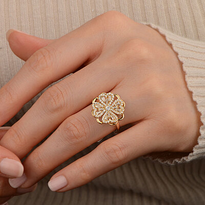 14 Ayar Zirkon Yonca Yüzük (Dönen Çiçek, Sarı) - 5