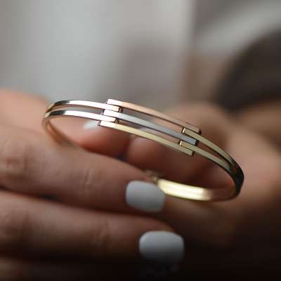 14k Altın 3 Sıra Kaburga Model Kelepçe Bilezik - 4