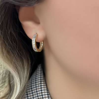 14k Altın Baget Taşlı Halka Küpe - ENGİNGOLD ÖNC