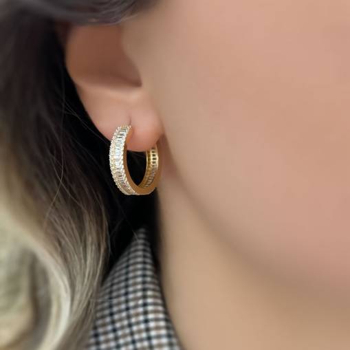 14k Altın Baget Taşlı Halka Küpe - 1