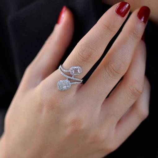 14k Altın Baget Taşlı Sarmal Yüzük - 2