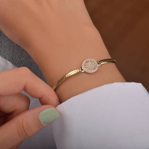 14k Altın Balık Sırtı Baget Taşlı Trapez Bileklik - 1