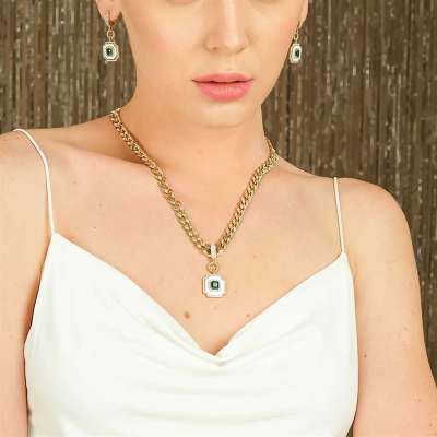 14k Altın Beyaz Mineli Taşlı Charm Kolye Ucu - 4