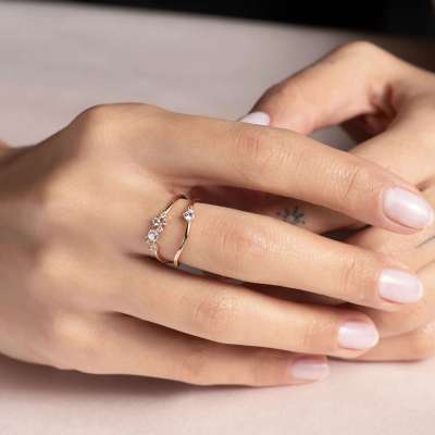 14k Altın Cabaret Asimetrik Twin Yüzük - 3