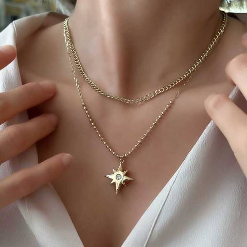 14k Altın Cetaş Eterna Kutup Yıldızı Çift Zincir Kolye - 1