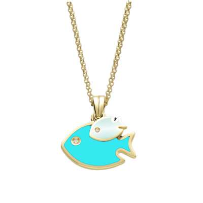 14k Altın Cetaş Eterna Mavi Balık Çift Zincir Kolye - ENGİNGOLD CETAŞ