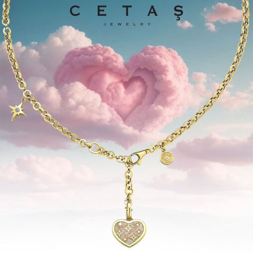 14 Ayar Altın Cetaş Eterna Pembe Sedefli Pusula Kalp Kolye - 3