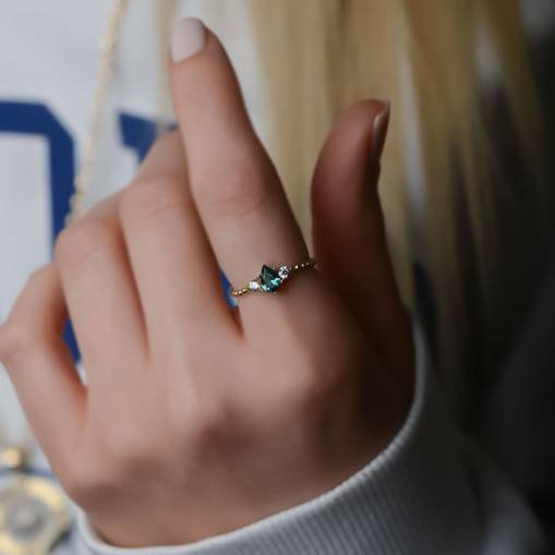 14k Altın Damla Renkli Taşlı Yüzük - 3