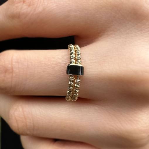 14k Altın Dorika Toplu Siyah Mine Yüzük - 1