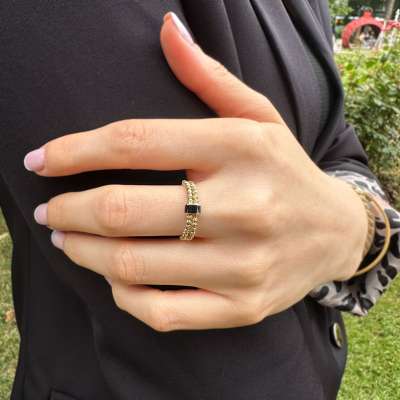 14k Altın Dorika Toplu Siyah Mine Yüzük - 2