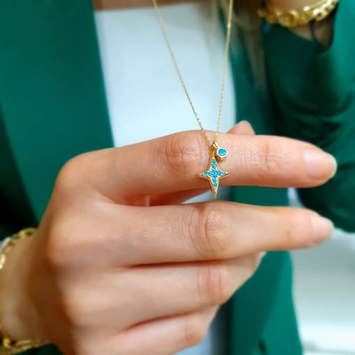 14k Altın Firuze Taşlı Kuyruklu Yıldız Kolye - 1