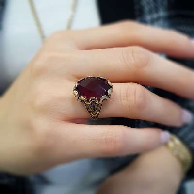 14k Altın Granat Lal Taşlı Yüzük - 3