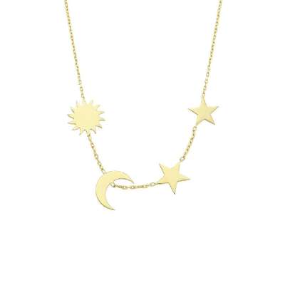14 Ayar Altın Güneş Ay Yıldız Sıralı Kolye - ENGİNGOLD