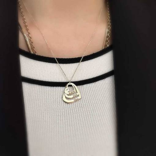 14k Altın İç İçe Üçlü Kalp Kolye - 4