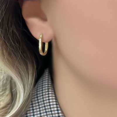 14k Altın Kalemli Oval Halka Küpe - ENGİNGOLD MYZ