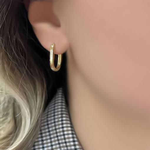 14k Altın Kalemli Oval Halka Küpe - 1