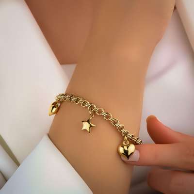 14k Altın Kalp ve Yıldız Şans Bileklik - ENGİNGOLD ZRM