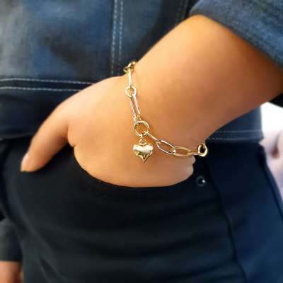 14k Altın Kalpli Ataş Zincir Bileklik - 2