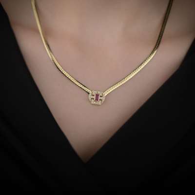14k Altın Kırmızı Taşlı Parla Kolye - 1