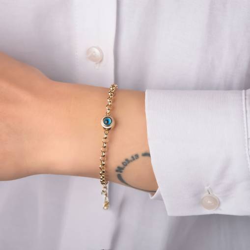 14k Altın Mavi Gözlü Halka Bileklik - 1
