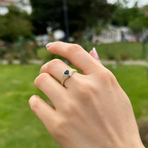 14k Altın Mavi Kalpli İstiridye Yüzük - 2