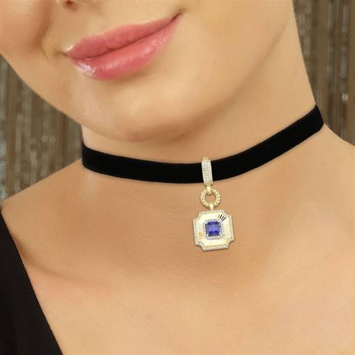 14k Altın Mavi Taşlı Kalemli Charm Kolye Ucu - 2