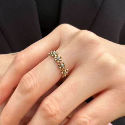 14k Altın Mavi Taşlı Papatya Yüzük