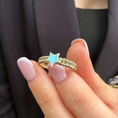 14k Altın Mavi Yıldızlı Dorika Yüzük