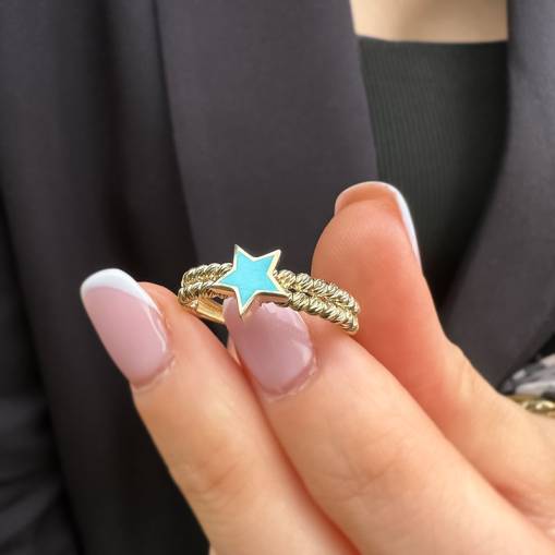 14k Altın Mavi Yıldızlı Dorika Yüzük - 1