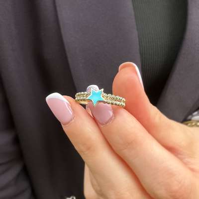 14k Altın Mavi Yıldızlı Dorika Yüzük - 2