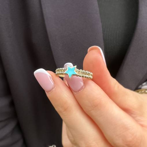 14k Altın Mavi Yıldızlı Dorika Yüzük - 2