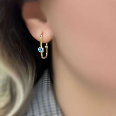 14k Altın Nazar Boncuklu Dikdörtgen Küpe - ENGİNGOLD RZG