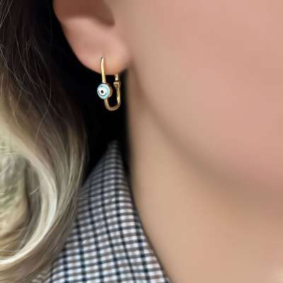 14k Altın Nazar Boncuklu Dikdörtgen Küpe - ENGİNGOLD RZG