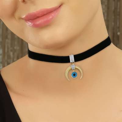 14k Altın Nazar Boncuklu Hilal Kolye Ucu Charm - 2