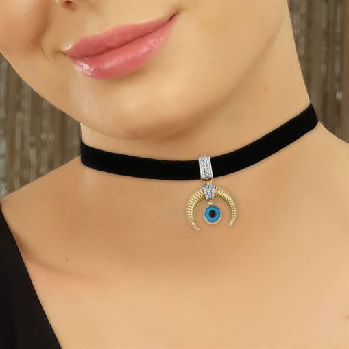 14k Altın Nazar Boncuklu Hilal Kolye Ucu Charm - 2