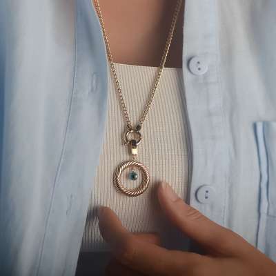 14k Altın Nazar Boncuklu İstiridye Kolye - 3