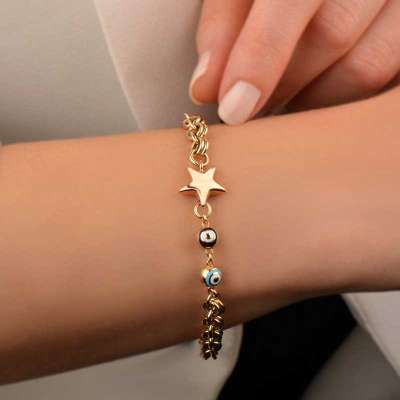 14k Altın Nazar Boncuklu Yıldız Bileklik