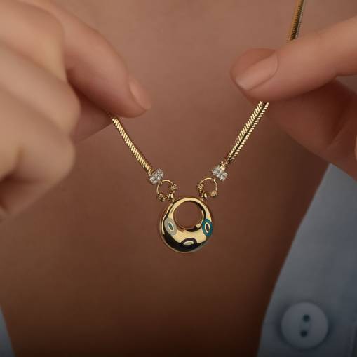 14k Altın Nazar Temalı Balık Sırtı Kolye - 2