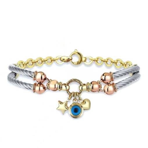 14k Altın Nazarlı Yıldız Kalp Şans Bileklik - 1