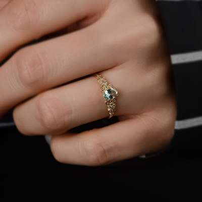 14k Altın Renkli Taşlı Minimal Motif Yüzük - 1