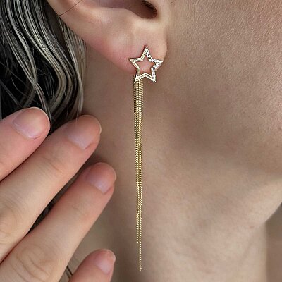 14k Altın Sallantılı Taşlı Yıldız Küpe - 2