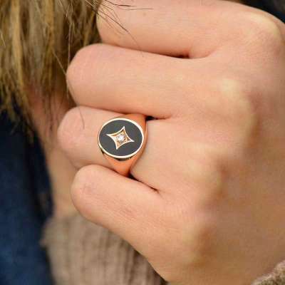 14k Altın Siyah Mine Kadın Şovalye Yüzük - 1