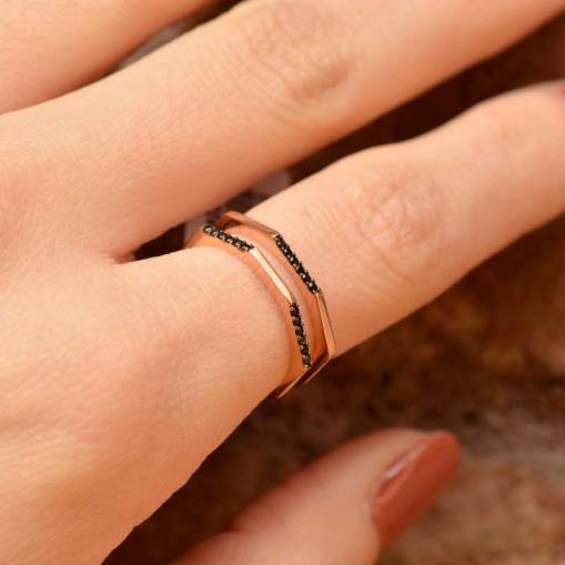14k Altın Siyah Taşlı Twin Yüzük - 2