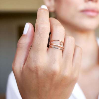 14k Altın Taşlı Cabaret Üç Kollu Yüzük - 3