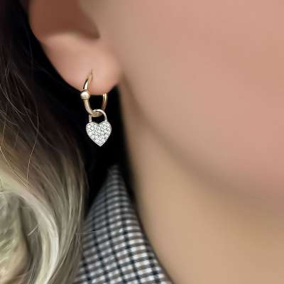 14k Altın Taşlı Kalpli Halka Küpe - ENGİNGOLD ETO