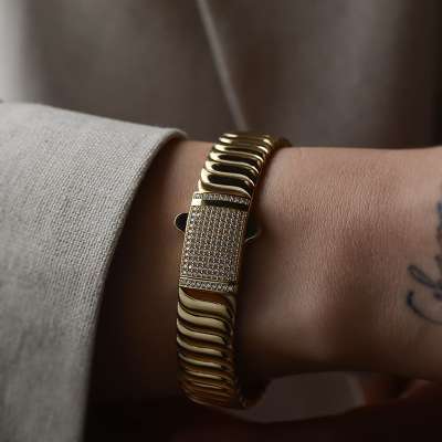 14k Altın Taşlı Line Kelepçe Bilezik - 2