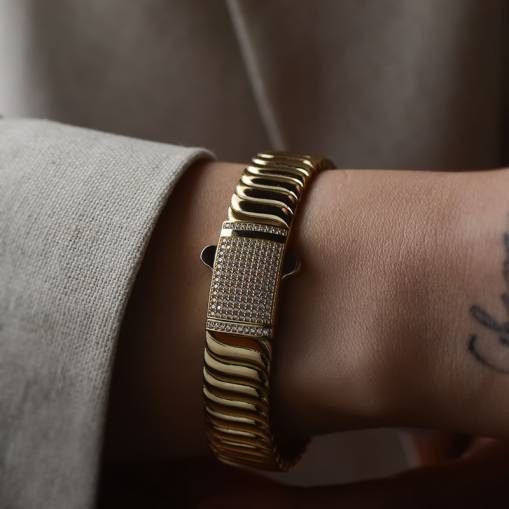 14k Altın Taşlı Line Kelepçe Bilezik - 2